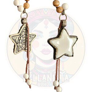 Natural Stone Beaded Long Necklace Vegan Ivory Star Pendant
